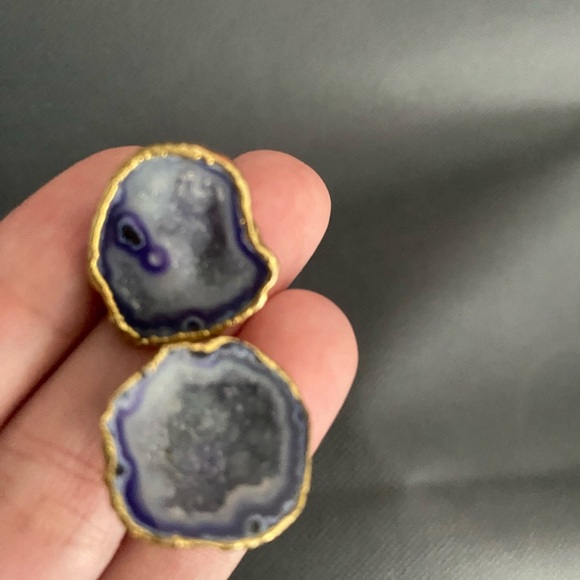 Druzy Slice Earring Purple Blue Stud Geode Gold Edge Earring Fashion Jewelry - Picture 1 of 4